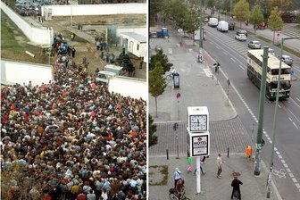 Die unsichtbare Mauer - Die Bildkombo zeigt eine Menschenmasse, die sich am 10.11.1989 durch eine Mauerlücke an der Bernauer Straße in Berlin drängt und die Bernauer Straße fotografiert von derselben Stelle 2014.