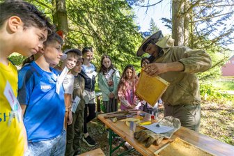 Die Waldjugendspiele locken mehr als 170 Grundschüler aus dem Vogtland in den Walderlebnisgarten Eich - Revierförster Dominik Feudel erklärt Schülern der Klasse 4a der Grundschule Kuntzehöhe Plauen wie Bienen, Honig produzieren.