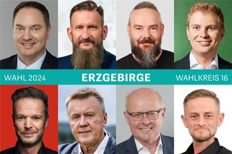 Diese Direktkandidaten bewerben sich im mittleren Erzgebirge um einen Sitz im neuen Landtag - Die Direktkandidaten der Landtagswahl im Wahlkreis 16 von links oben nach rechts unten: Jörg Markert (CDU), Arthur Österle (AfD), Andreas Heilsberg (Die Linke), Sebastian Walter (Bündnis 90/Grüne), Enrico Haustein (SPD), Heinz-Peter Haustein (FDP), Günther Schneider (Freie Wähler), János Füleki (BSW).