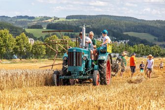 DJ-Nacht, Schlossfest und mehr: Das ist im Erzgebirge am Wochenende los - Vorbereitungen zum Bulldogtreffen in Burkhardtsdorf: Vereinsmitglieder ernten mit historischer Technik.
