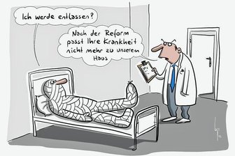 Drohende Klinik-Abstufungen durch Lauterbachs Krankenhaus-Reform: Jetzt wird das Szenario fürs Vogtland auch öffentlich diskutiert - Die geplante Krankenhausreform ist nicht lustig. Dennoch bringt diese Karikatur das Thema auf den Punkt.