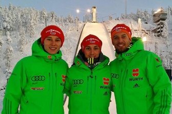 Ein dritter Erzgebirger im Weltcupteam - Endlich Winter: Terence Weber, Eric Frenzel und Björn Kircheisen (von links) Anfang der Woche beim Fotoshooting für "Freie Presse" in Ruka.