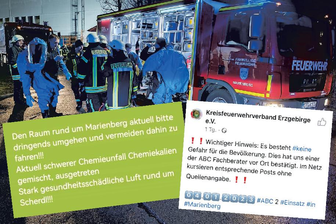 "Ein Lkw-Fahrer fragte mich, ob er in einer Giftgaswolke steht" - Links die Falschmeldung, die in sozialen Netzwerken die Runde machte. Rechts die Meldung, mit welcher der Kreisfeuerwehrverband auf die Behauptung reagierte. Im Hintergrund ein Bild vom Einsatz bei Scherdel.
