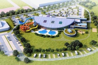Ein Meilenstein für das Aqua Marien - So soll das Aqua Marien bis 2027 von außen einmal aussehen. Links im Bild: der Anbau mit Rutschenlandschaft. Rechts neben den Außenbecken: der neue Erwachsenenbereich.