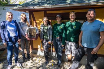 Ein Zwergotter für die Partnerstadt: Zoo der Minis in Aue gibt Tier nach Solingen ab - Die Tierpfleger und die jeweiligen Tierparkleiterinnen Bärbel Schroller (l.) und Linda Bunzenthal (3. v. l.) vorm Gehege der Zwergotter.