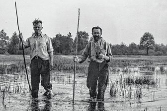 Eine Hommage an einen großen Rochlitzer: Der vergessene Starfotograf Rudolf Zimmermann - Rudolf Zimmermann (rechts) watet mit einem Fernglas gemeinsam mit einem anderen Mann bei Königswartha an Pfingsten 1932 mit Stecken in der Hand durch einen Teich. Sein Erscheinungsbild mit Bart trug ihm damals, wie die Herausgeber schreiben, in Reihen von Ornithologen den Namen Sumpf-Jesus ein. 