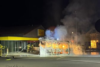 Eine Nacht, zwei Brände in Rodewisch: Haben zwei Jugendliche an Wohnblock und Netto-Markt Feuer gelegt? - Einsatz der Rodewischer Feuerwehr am Dienstagabend am Netto-Markt. Der Unterstand der Einkaufswagen steht in Flammen.