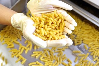  Riesa: Eine Mitarbeiterin der Teigwaren Riesa GmbH prüft frische Nudeln. (Archiv)