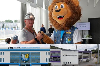 Eins wird Namensgeber für Stadien des FC Erzgebirge und des Chemnitzer FC - Handshake zwischen FCE-Bergmann Reinhard Lange und dem CFC-Löwen. Die Stadien beider Vereine tragen ab der neuen Saison den Eins-Schriftzug.