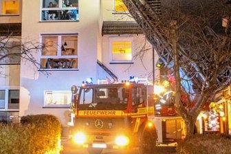 Einsätze bei zwei Schornsteinbränden - Feuerwehrleute kontrollieren den Schornstein auf dem Mehrfamilienhaus in Seifersdorf mit Hilfe einer Drehleiter.