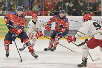 Eishockey-Wölfe aus dem Erzgebirge düpieren den Meister - und ein Herzblatt fiebert ganz groß mit - Auch Schönheides Yannek Seidel (l.) trug sich im Spiel gegen FASS Berlin in die Torschützenliste ein.