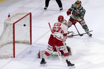 Eispiraten Crimmitschau bleiben im Rennen: 2:0-Heimsieg gegen den EV Landshut - Eispirat Corey Mackin (rechts) hatte beste Sicht auf den skurrilen Führungstreffer.
