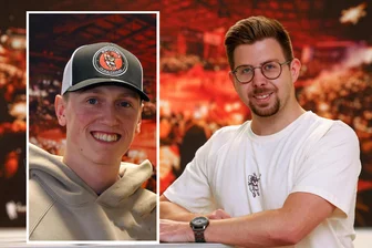 Eispiraten Crimmitschau: So kam es zur irren Wette zwischen Sebastian Streu und Aaron Frieß - Sie haben die Instagram-Wette vereinbart: Medienchef Aaron Frieß (rechts) stellt sich bei den Schüssen von Stürmer Sebastian Streu in den Kasten.