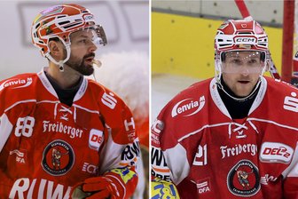 Eispiraten Crimmitschau: Was die Vertragsverlängerungen von Mirko Sacher und Dylan Wruck bedeuten - Sie bleiben bei den Eispiraten Crimmitschau: Dylan Wruck (links) und Mirko Sacher (rechts).