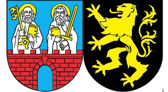 Ekel-Eklat um Auerbachs Partnerstadt Strzegom - Die Wappen der Städte Striegau (links) und Auerbach.