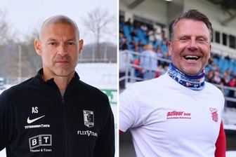 Eklat auf Pressekonferenz: „Der FSV Zwickau ist eine geile Truppe, aber der Trainer respektlos“ - Alexander Schmidt (l.) musste aus seiner Sicht zu lange auf Rico Schmitt warten und verließ die Pressekonferenz.