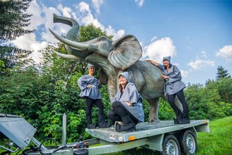 Elefant aus Auer Zoo der Minis geht für Tag der Sachsen auf abenteuerliche Reise - Ist inzwischen auf einen Wagen gehoben worden: der Elefant aus dem Auer Zoo. Drei Frauen stehen ihm im Zwergenkostüm zur Seite: Manja Kupfer, Carmen Grunert und Ines Schieck (v. l.).