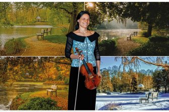 Elegant und traditionell: Das bietet das erste Januar-Wochenende im oberen Vogtland - Kammermusikerin Almut Quandt vor der Fotocollage zu „Die vier Jahreszeiten“. Das Konzert mit Vivaldis Musik und Bildern aus Bad Elster findet am Freitagabend im König-Albert-Theater Bad Elster statt.