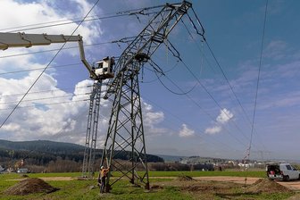 Energieversorger ersetzt bei Steinberg Hochspannungsmast - Am Mittwoch und Donnerstag wurden die provisorischen Pfeiler aufgestellt, die für das Erneuern des Hochspannungsmasten notwendig sind. 