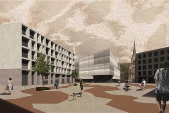 Entwürfe für Chemnitzer Kulturquartier: Wie reagiert die Stadt darauf? - Anika Hertwigs und Lisa Probsts Entwurf "Eisbrecher" sieht einen Platz vor, an dem sich der Eingang zum vorgesehenen Erweiterungsbau der Kunstsammlungen Chemnitz befindet.