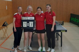 Erfolgreicher Abschied: Freiberger Tischtennis-Damen gewinnen letztes Oberliga-Heimspiel klar - Feierten im letzten Heimspiel einen klaren Sieg: Die Freiberger Tischtennis-Damen mit Alexandra Uhlig, Sandra Stenzel, Simone Röstel und Paula Uhlig (v. l.).