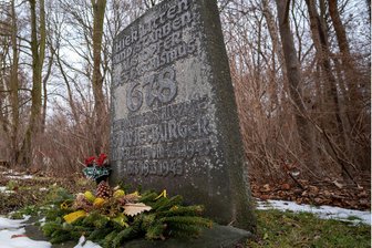 Erinnerung an Schicksal von Zwangsarbeitern in Plauen: Diskussion über Gedenkstein an der früheren Holzmühle entbrannt - Stein des Anstoßes: das Denkmal nahe der ehemaligen Holzmühle.