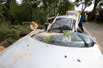 Erneut Unwetterwarnung fürs Vogtland: Schwere Gewitter mit heftigem Starkregen und Hagel erwartet - Dieses Auto war beim Unwetter am Dienstag von einem Baum völlig zerstört worden.