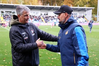 Erzgebirge Aue holt Punkt in Hoffenheim: Cheftrainer Härtel spricht ein Kompliment aus - Sowohl Cheftrainer Jens Härtel (links) als auch Hoffenheim-Coach Stefan Kleineheismann waren nicht unzufrieden mit dem Punkt.