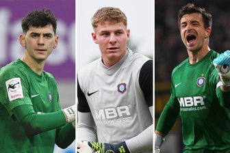 Erzgebirge Aue und die große Frage: Wer steht beim Rückrundenauftakt in Rostock im Tor? - Collage der Torhüter des FC Erzgebirge Aue. Wer hält gegen Hansa Rostock: Louis Lord, Max Uhlig oder Martin Männel (v.l.)?