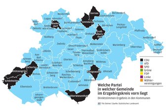 Erzgebirgskreis färbt sich blau: Welche Lehren die CDU aus der Wahlschlappe zieht - Der Erzgebirgskreis hat sich zur Landtagswahl 2024 blau gefärbt: Nur noch in neun Kommunen konnte die CDU die meisten Direktstimmen holen. In allen anderen liegt die AfD vorn.