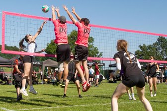Erzgebirgspokal am Netz in Mauersberg wird zum „rundum perfekten Wochenende“ - 34 Teams – darunter „Frauenhöhe“ (in pink) und „Volleyball Freunde Kohlau“ – haben am 26. Erzgebirgspokal in Mauersberg teilgenommen.