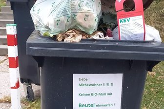 „Es stinkt zum Himmel!“ - Warum eine Auerbacher Mülltonne seit Monaten nicht geleert wird - Mittlerweile hat Sonja Klinder einen Zettel an der Mülltonne befestigt. Auch die Kev hat die Tonne markiert.