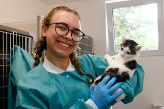 Etliche Problemfälle, aber auch Feierlaune im Langenberger Tierheim - Tierheimmitarbeiterin Sanjelle Stiehler mit der rund vier Monate alten Katzendame Bea.