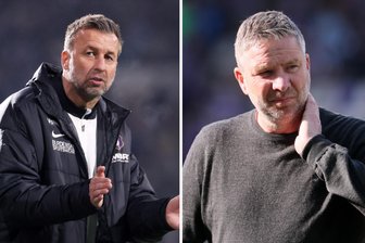 FC Erzgebirge Aue: Was passiert im Abstiegsfall? „Der Verein ist gewappnet“ - Zwei Unklarheiten: Würden Trainer Christoph Dabrowski (l.) und Sportchef Michael Tarnat (r.) auch im Abstiegsfall beim FC Erzgebirge bleiben?