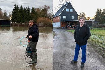 Feuchte Bescherung in Chemnitz: Ein Jahr nach dem Weihnachtshochwasser - Ingolf Lindner aus Chemnitz-Rottluff vor seinem Zuhause. Links am Vormittag des 24. Dezember 2023, rechts am Tag vor Heiligabend ein Jahr später.