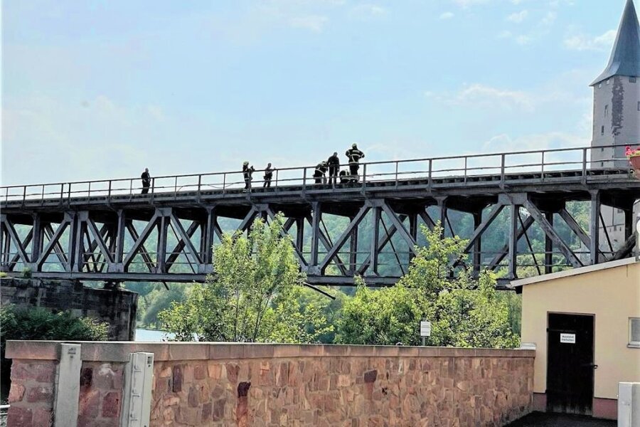 Feuerwehreinsatz auf der Eisenbahnbrücke am Schloss Rochlitz - Auf dem Eisenbahnviadukt brachte die Freiwillige Feuerwehr Rochlitz am Samstag einen Brand unter Kontrolle. 