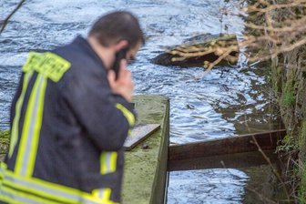 Feuerwehreinsatz: Öl fließt in Zschopau - Bretter sollen verhindern, dass weiteres Öl in die Zschopau fließt.