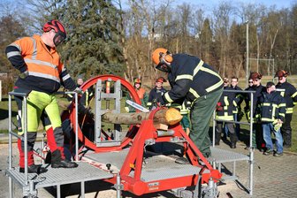 Feuerwehrleute üben in Döhlen das Sägen von Bäumen - Matthias Kuroczka beim Sägen.