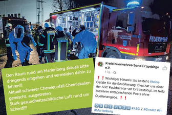 Feuerwehrmann aus dem Erzgebirge über die Folgen von Fake News: "Ein Lkw-Fahrer fragte mich, ob er in einer Giftgaswolke steht" - Links die Falschmeldung, die in sozialen Netzwerken die Runde machte. Rechts die Meldung, mit welcher der Kreisfeuerwehrverband auf die Behauptung reagierte. Im Hintergrund ein Bild vom Einsatz bei Scherdel. 