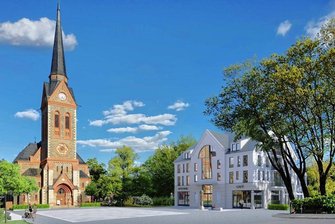 Filetgrundstück in Bad Elster: Gebäudeinvestor nennt Details - Der neu gestaltete Kirchplatz mit dem neuen Wohn- und Geschäftshaus:5,2 Millionen Euro will ein Unternehmen aus Dresden ins Gebäude investieren. Der Platzbau liegt in städtischer Verantwortung.