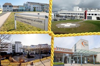 Finanzmisere: Erzgebirgsklinikum schrumpft die beiden Standorte Stollberg und Olbernhau - Die Krankenhäuser Olbernhau, Zschopau, Stollberg und Annaberg-Buchholz (von oben links im Uhrzeigersinn) sollen neu aufgestellt werden.