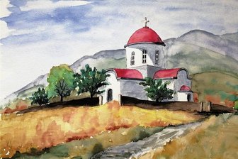 Finissage: Hobbykünstler und Besucher sind zum zwanglosen Austausch nach Oelsnitz eingeladen - Karin Neumeister aus Jahnsdorf nimmt mit dieser "Kapelle auf Kreta" an der Ausstellung teil - und bereichert damit den Bereich "Reisebilder". 