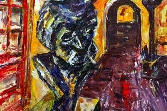Finissage in der Hessenmühle - Eine Hofansicht mit Heinz-Tetzner-Büste von Reinhild Klausing.