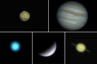 Fotograf fängt Planetenparade am Himmel über dem Erzgebirge ein - Planetenparade, vom Zeller Berg in Aue aus in Einzelbildern aufgenommen. Oben: Mars (l.) und Jupiter. Unten: Uranus, Venus, Saturn (v.l.).