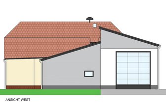 Frankenhausen: Im April rücken Bauleute zum Feuerwehrgerätehaus an - Blick auf den Entwurf für den Anbau an das bestehende Feuerwehrgerätehaus in Frankenhausen. Die Westansicht zeigt eine der beiden Einfahrten der neuen Fahrzeughalle (rechts) und den neuen Sanitärtrakt.