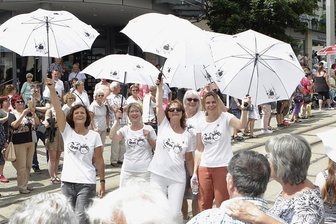 Frau Gürtler, wie zeigt man Plauens 900-jährige Stadtgeschichte? - 2019 hatte es anlässlich des 60. Plauener Spitzenfestes den bislang letzten Festumzug durch die Vogtlandmetropole gegeben. Im Foto: Freunde des Erich-Ohser-Hauses, die Flagge zeigten für den Schöpfer der beliebten Comic-Figuren Vater und Sohn, Erich Ohser alias e.o.plauen. 