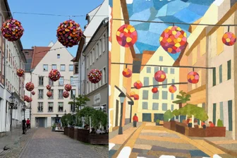 Freiberg in Versen: Neues Lyrikbilderbuch als Liebeserklärung an die Silberstadt - Das Gedicht „Florale Hoheit“ widmet sich dem Blumenschmuck in der Korngasse: Hoch oben schweb ich, aufgehängt / Unter mir sich Fußvolk drängt. / Kommen und Gehen: voller Hast / oder müden Schrittes hin zur Rast.