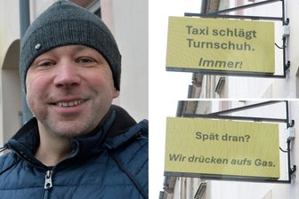 Freiberg: Kesse Taxi-Sprüche am Roten Weg - Mirko Espig wirbt mit eigenen Sprüchen für ein moderneres Taxi-Image in Freiberg.