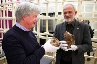 Freiberg: Sonderausstellung zum Jubiläum der Terra Mineralia - Prof. Dr. Klaus Thalheim von den Senckenberg-Sammlungen Dresden (links) und Andreas Massanek, Kustos der Mineralogischen Sammlungen der TU Bergakademie Freiberg, präsentieren zwei der seltenen Entdeckungen aus Sachsen: einen Mimetesit und ein Zinnwaldit.