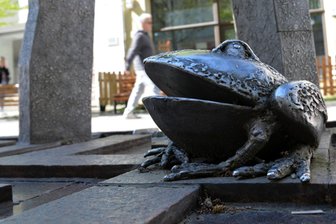 Freiberger Burgstraße: Warum der Frosch kein Wasser hat - Der Frosch auf dem Brunnen in der Burgstraße in Freiberg sitzt noch auf dem Trockenen.